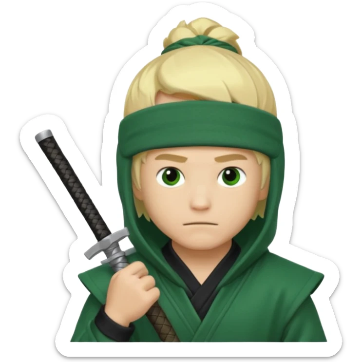 Green ninja Lloyd garmadon blonde hair, kaptur hoody on his head but blonde grzywka visible; the bottom left one is best (the one without miecze + black band + no mask of face) but add miecz sticker