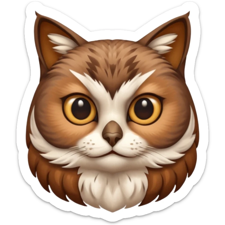 An cats head with a brown on top of the head of the cat the cats head infused with an white owls body with brown wings sticker