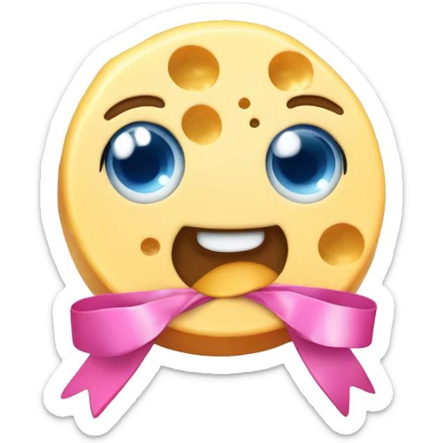 Cue rateating cheese and has a cute pink ribbon it's head and is blue eyed sticker