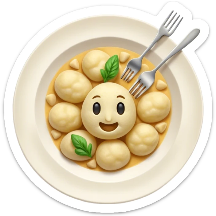 Gnocchi Cinematic Realistic Gnocchi Dish Emoji, depicted as tender potato dumplings garnished with iconic fork marks on top, rendered with soft textures and warm, inviting lighting. sticker