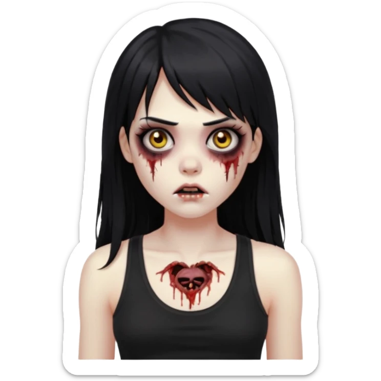 Crie um emoji de zumbi garota do iphone que tenha o cabelo preto longo, de cumprimento no peito, que tenha uma franja no tamanho da sobrancelha, com os olhos escuros e que use uma regata preta sticker