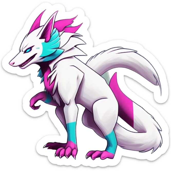 White elegant beautiful natural cute badass epic anthro modern albino sergal-vernid-Fakémon with cyan mane and magenta eyes with cyan edgy stripes, anthropomorphic, two-legged, digitigrade, full body sticker
