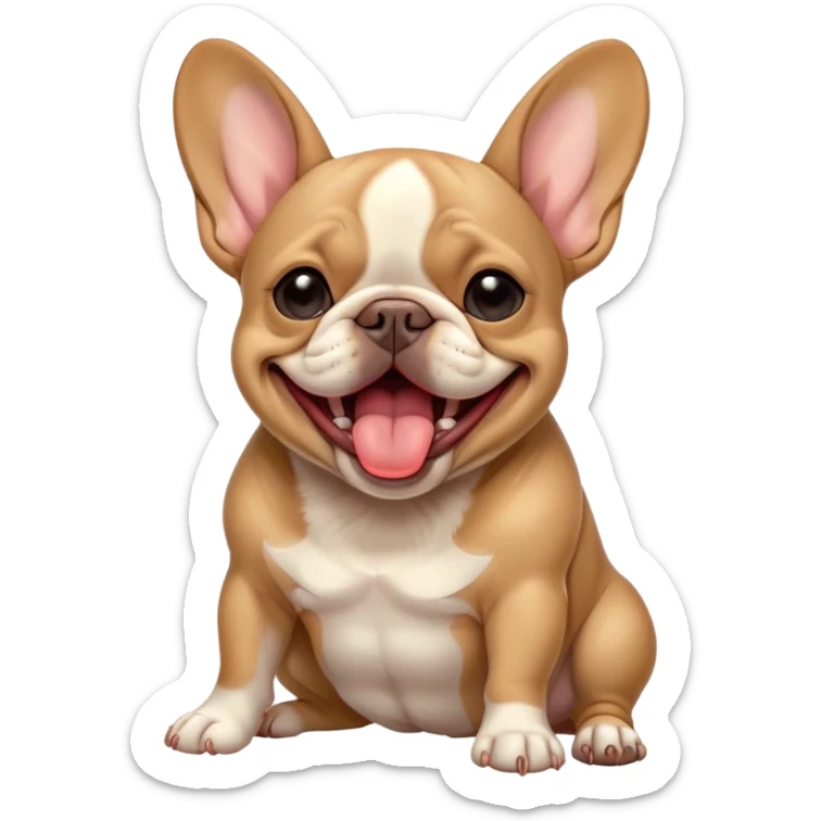 Cinematic Cute Yawning Fawn French Bulldog Portrait Emoji, Head tilted slightly with a dramatic, wide-open yawn, showcasing a sleek fawn coat with a refined texture, floppy ears slightly drooping, round dark eyes barely open in drowsy contentment, Simplified yet irresistibly adorable features, highly detailed, glowing with a soft, cozy glow, high shine, relaxed yet expressive, stylized with a touch of whimsy, bright and endearing, soft glowing outline, capturing the essence of a sleepy yet affectionate companion, so drowsy it feels like it could stretch out of the screen and curl up for a nap! sticker