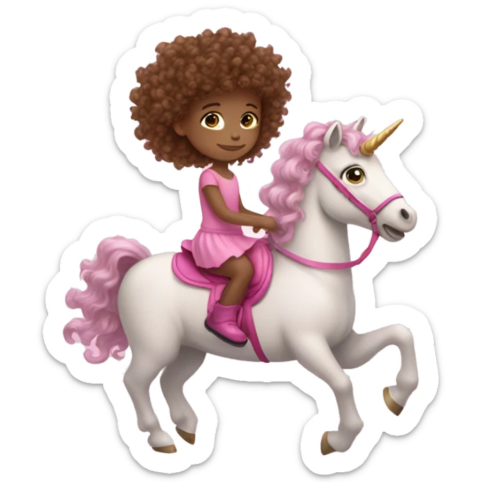 Brown curly hair light skin little girl riding a pink unicorn sticker