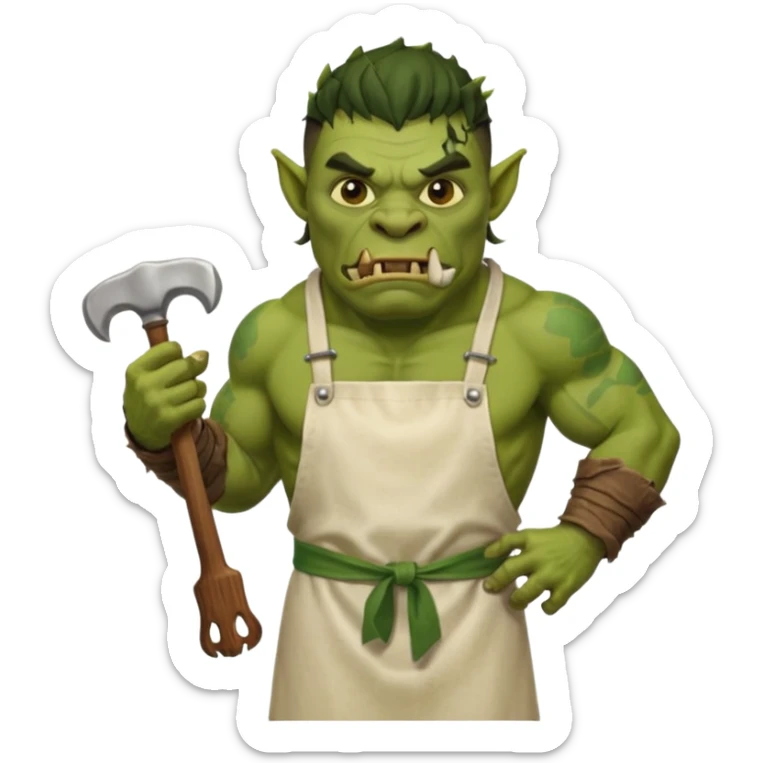 orc male Apron with "Kiss the Cook" (scratched out, replaced with "Fear the Cook"), giant rib bone as a weapon. sticker