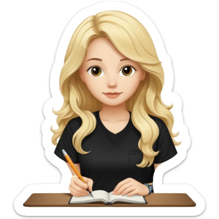 A beautiful blonde with long wavy hair in a black T-shirt sits and writes in a diary with a pen. sticker