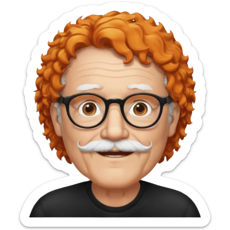An elderly man with curly orange hair, brown eyes, black glasses, and a white beard, wearing a gentle smile. sticker