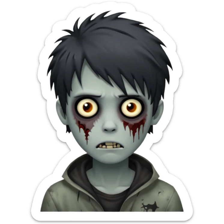 boy zombie with black, messy emo hair, pale skin, eerie and unsettling, creepy face sticker