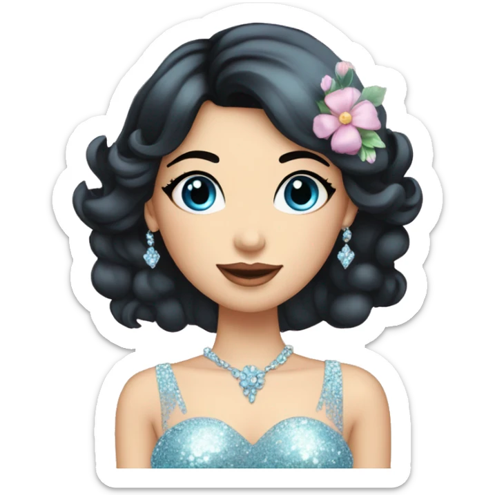 Gorgeous pastel Lady with black hair blue eyes in a sparkly shiny dress with tiara and necklace and flowers behind her and trending  sticker