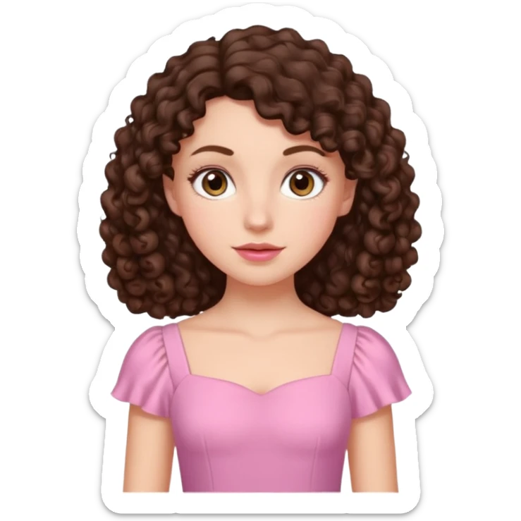 White girl with dark brown long 2C curly hair, brown almond shape eyes, small wide nose, natural lips. Cute clothnig sticker