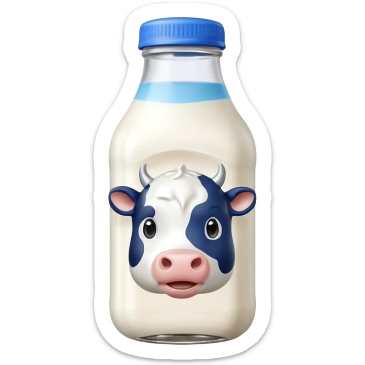 A 3D cartoon glass bottle of cow’s milk — white liquid, blue cap, clear reflections, Memoji-style rendering. sticker