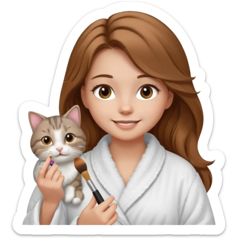 A image of a girl with light long brown hair wearing a bathrobe doing her makeup with her chubby grey tabby cat. She is smiling sticker