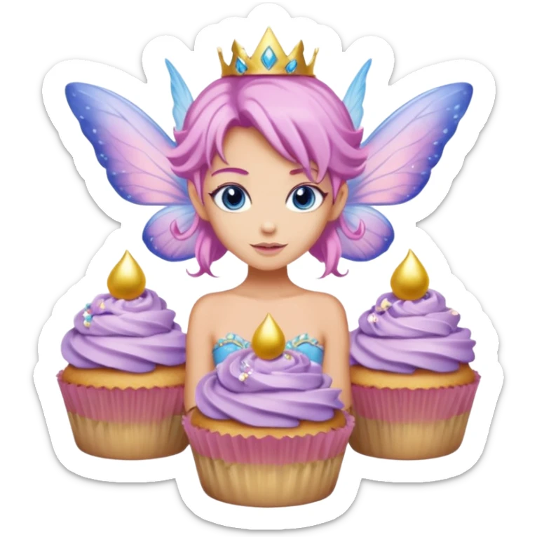 beige fairy cupcakes with yellow frosted icing on top and a enchantress fairy with tanned skin and pink hair and lilac wings and blue eyes wearing a dusky pink embellished gown decoration sticker