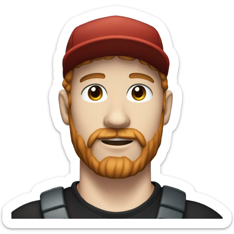 35 years old, male, short curly red hair, black baseball hat, blue eyes, pale complexion, thick beard and thin mustache sticker