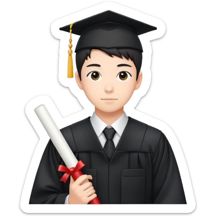 Japanese high school boy at graduation ceremony wearing gakuran uniform holding diploma sticker