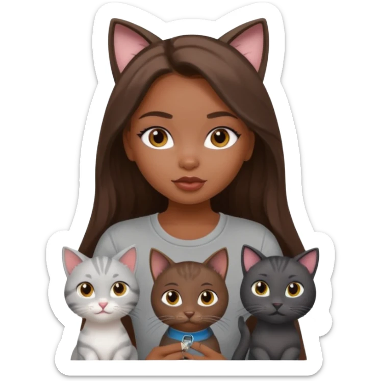 a pretty bratz dusky girl with long brown hair with four cats nd wearing a grey tshirt sticker