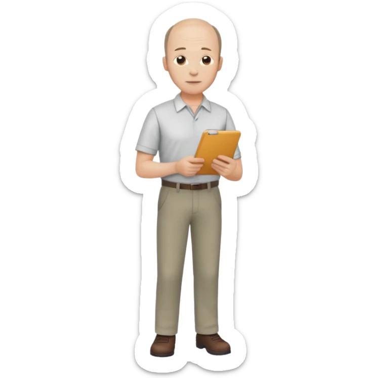 man, mid 40's shirt and trousers balding hairline, full body, standing, holding a clipboard sticker
