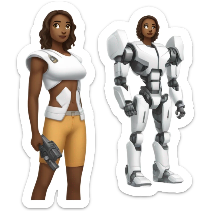 Uma menina jovem, musculosa, de cabelo castanho com uma mecha branca, pele branca, sardas e um top branco sticker