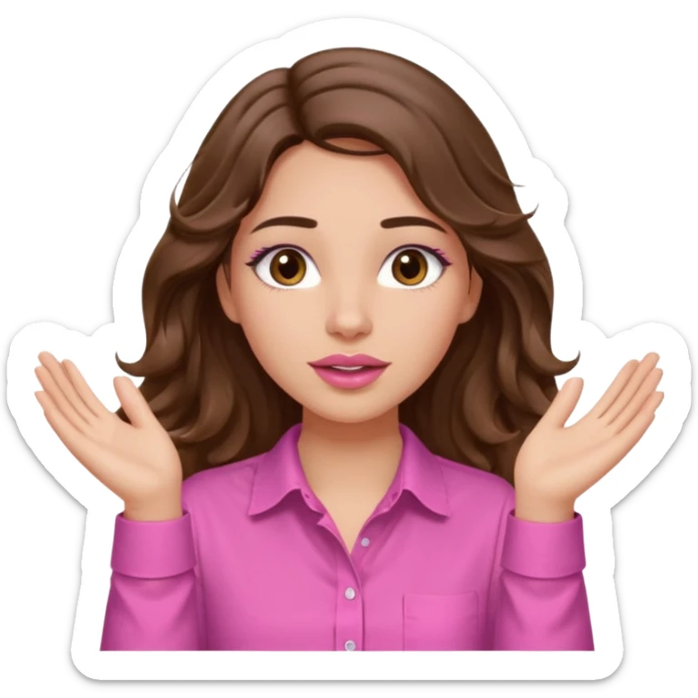 girl with long wavy brown hair, brown eyes, light to medium complexion, in a pink shirt, pink lips, long lashes, puckered lips, both hands all the way up with hands up to the sky sticker