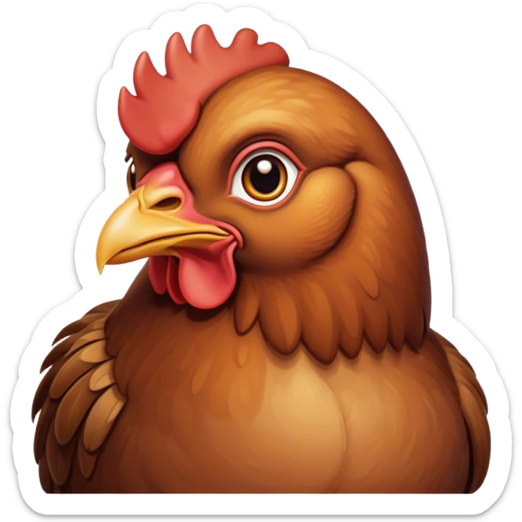 Cinematic Noble Brown Chicken Portrait Emoji, Poised and regal, with a compact, sturdy build and a warm, well-groomed brown plumage, deep-set soulful beady eyes, Simplified yet sharp and sophisticated features, highly detailed, glowing with a soft, dignified glow, high shine, intelligent and earthy, stylized with an air of rustic elegance, focused and attentive, soft glowing outline, capturing the essence of a watchful and confident fowl, so majestic it feels as though it could strut out of the screen with effortless authority! sticker