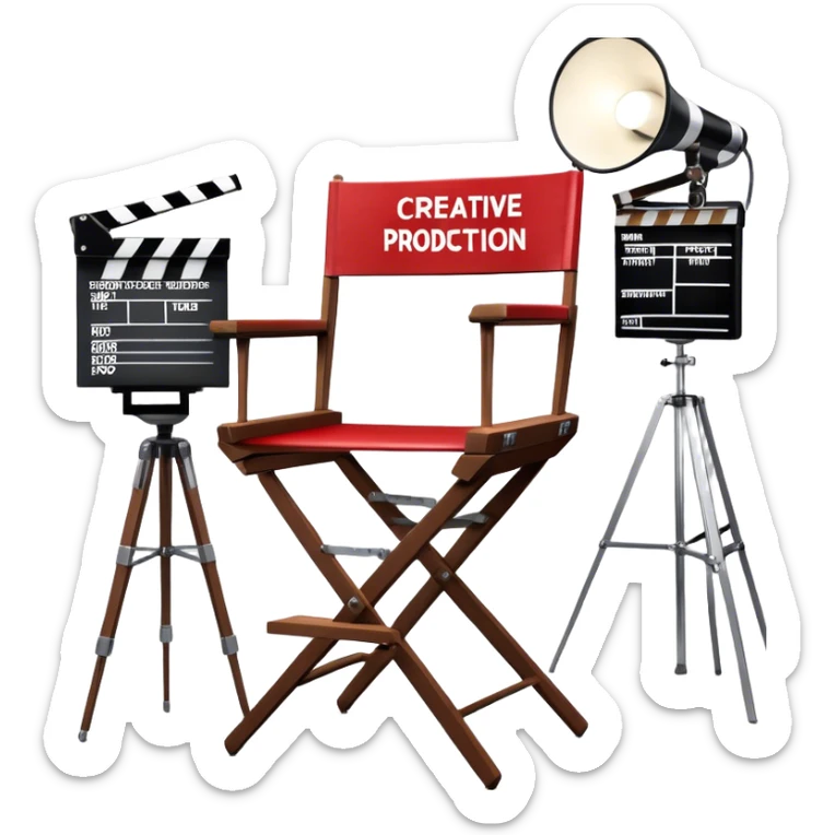 Icon for Directing: a director's chair, a film slate, a megaphone, and a stage set with lights. The icon should represent the creative and leadership aspects of directing, with focus on film and theater production. Transparent background. sticker