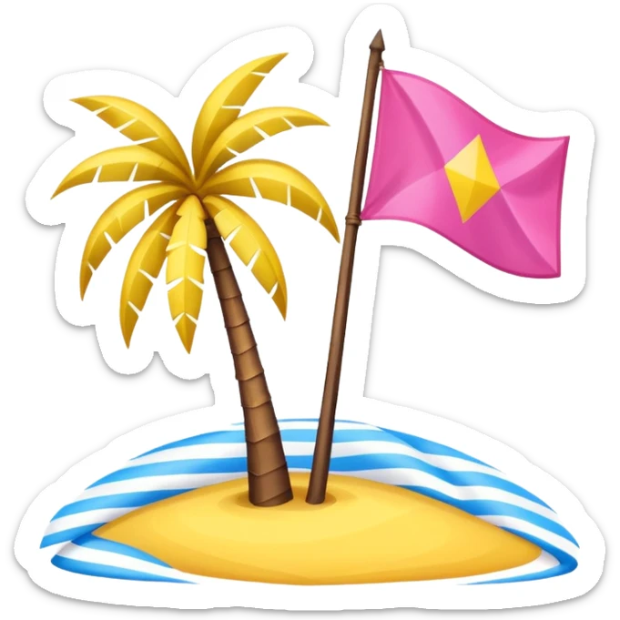 A pink flag on the sides two small blue triangles In the middle of the circle on the flag a small pink palm tree coming out of the sides  yellow circle with two thick yellow stripes sticker
