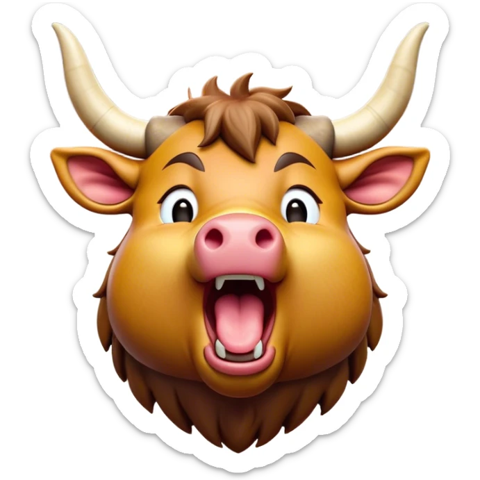 Cinematic Cute Yawning Domestic Ox Portrait Emoji, Head tilted slightly with a dramatic, wide-open yawn, showcasing a soft, textured hide with drooping horns and half-closed, drowsy eyes, Simplified yet irresistibly adorable features, highly detailed, glowing with a soft, cozy natural glow, high shine, relaxed yet expressive, stylized with a dash of pastoral whimsy, soft glowing outline, capturing the essence of a sleepy yet affectionate ox that seems ready to stretch out for a nap! sticker