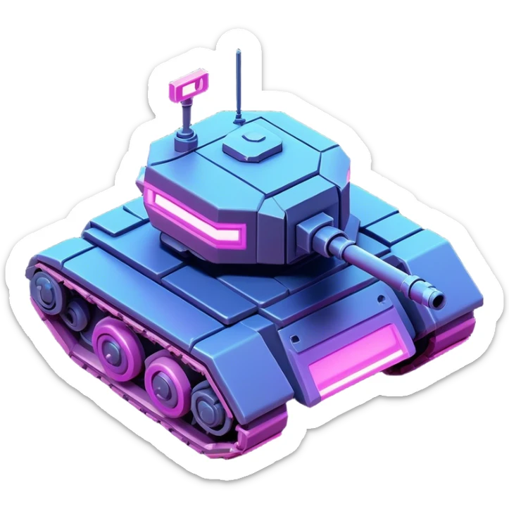 Clash of Clans aesthetic: Cinematic Playful 3D Isometric Space Tank Emoji, rendered in a 3D vector-style similar to standard emojis with minimal shading and bold, simplified shapes. A compact, distinct form with signature details, softly glowing with a futuristic sci-fi warfare charm. Simplified yet unmistakably iconic, highly detailed and consistent, glowing with a soft radiance and high shine. Stylized with a touch of high-tech brilliance and a soft glowing outline, capturing the essence of a beloved gaming relic with a friendly, playful manner! sticker