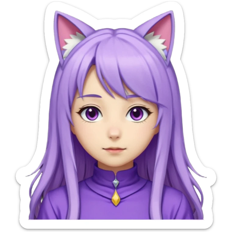 female anime character with long periwinkle hair and cat ears on her head. She is wearing a purple outfit with a high neckline and long sleeves.  sticker