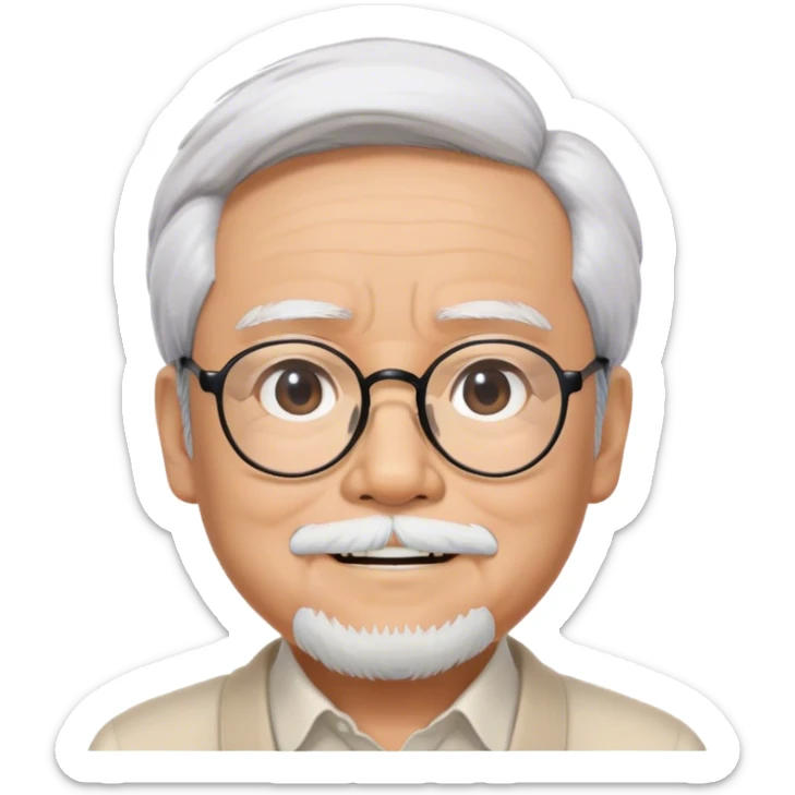 ​Cinematic Realistic Portrait of Hayao Miyazaki, depicted with defined black eyebrows, and large rectangular glasses, his happy expression rendered in lifelike detail, illuminated with soft, realistic lighting that emphasizes his creative genius, sticker