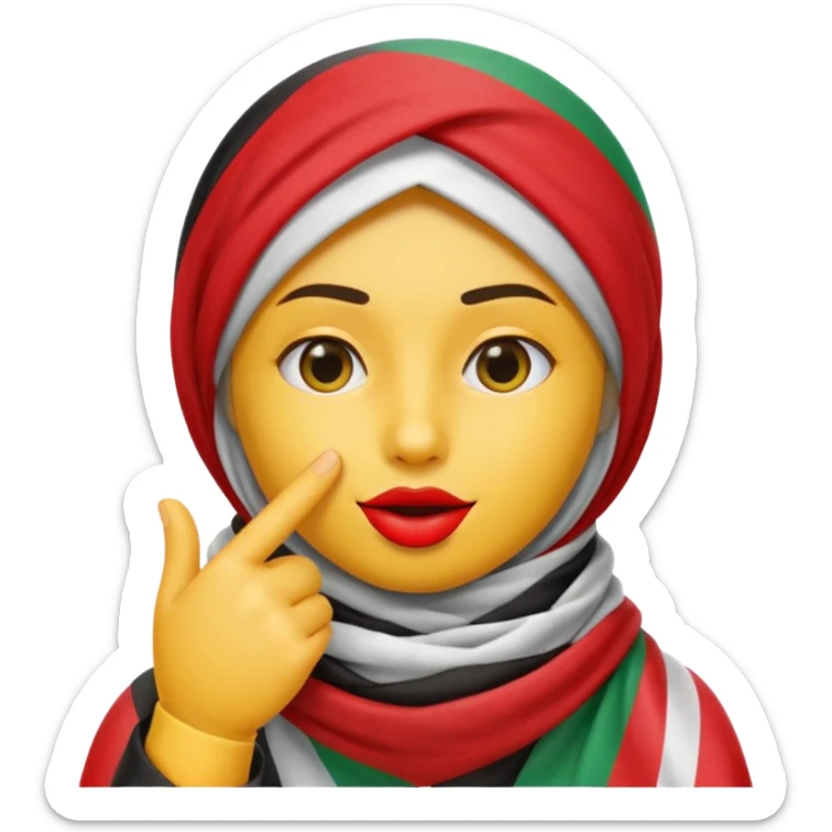yellow emoji face finger to lips in shh pose wearing Palestinian keffiyeh with Palestinian flag colors subtly included in scarf design sticker