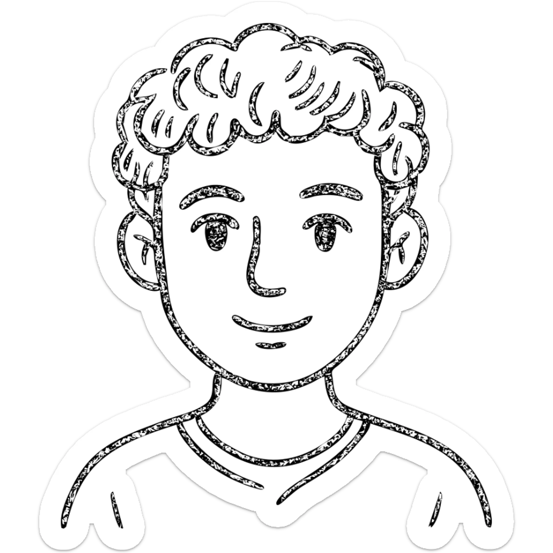 good looking young adult boy with brown curly hair and brown eyes, hand drawn outline icon sticker