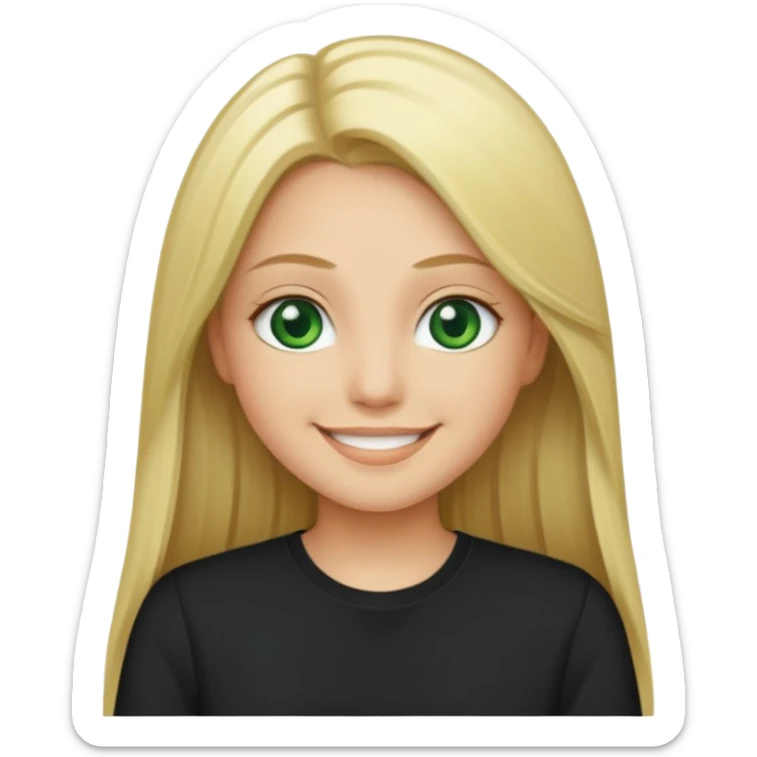 Long straight blonde hair with green eyes and black shirt smiling sticker