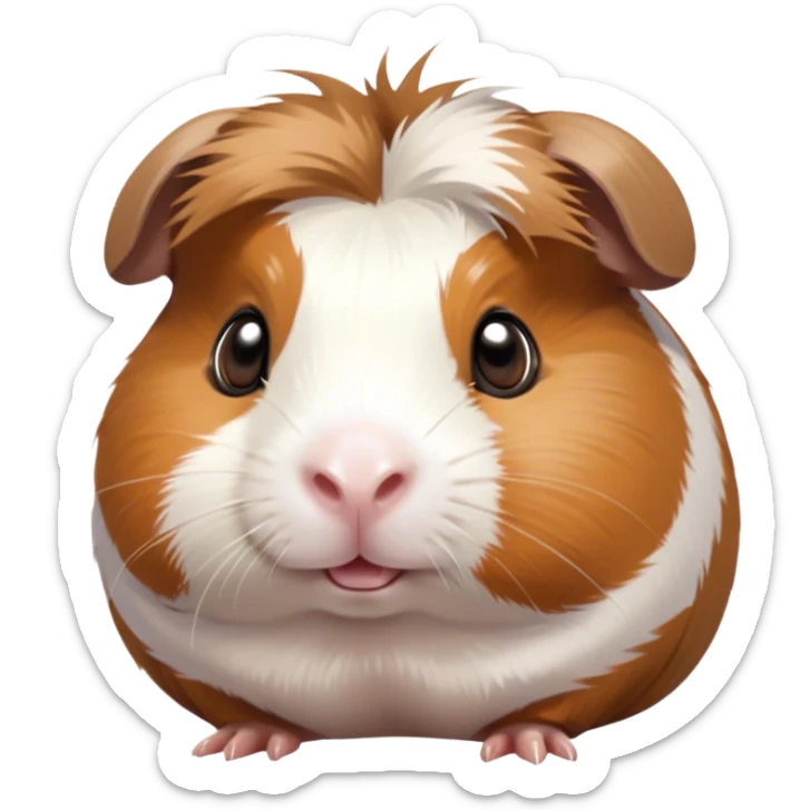 Cinematic Cute Brown and White Banded Guinea Pig Portrait Emoji, Head tilted playfully and inquisitively, showcasing a fluffy fur with playful brown and white banded patterns, round, sparkling dark eyes filled with curiosity, Simplified yet irresistibly adorable features, highly detailed, glowing with a warm, friendly glow, high shine, affectionate and spirited, stylized with a touch of whimsy, bright and endearing, soft glowing outline, capturing the essence of a mischievous yet loving guinea pig, so playful it feels like it could dash out of the screen and into your arms! sticker