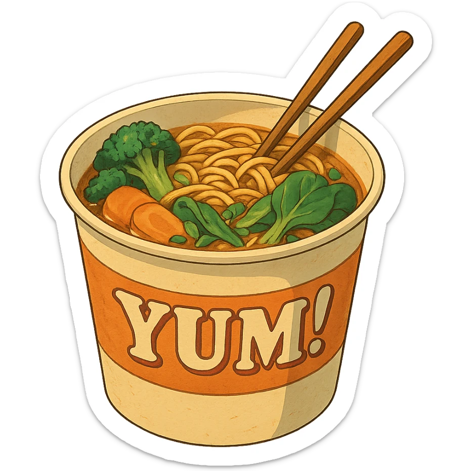 cyberpunk futuristic, scifi, a bowl of delicious veggie , ramen, 1990s, paper cup, classic style branding, with chopsticks, empty background, brand name: YUM! sticker