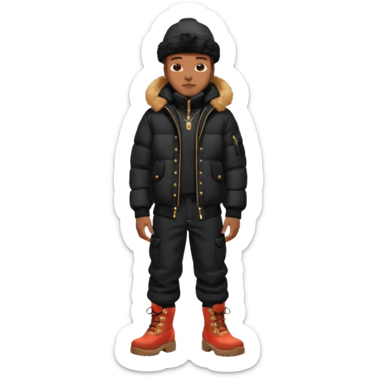 Handsome Black grown man with brown skin tone, wear black joggers, a black bubble coat with a fur brim on the hood, and buckwheat timberland boots sticker