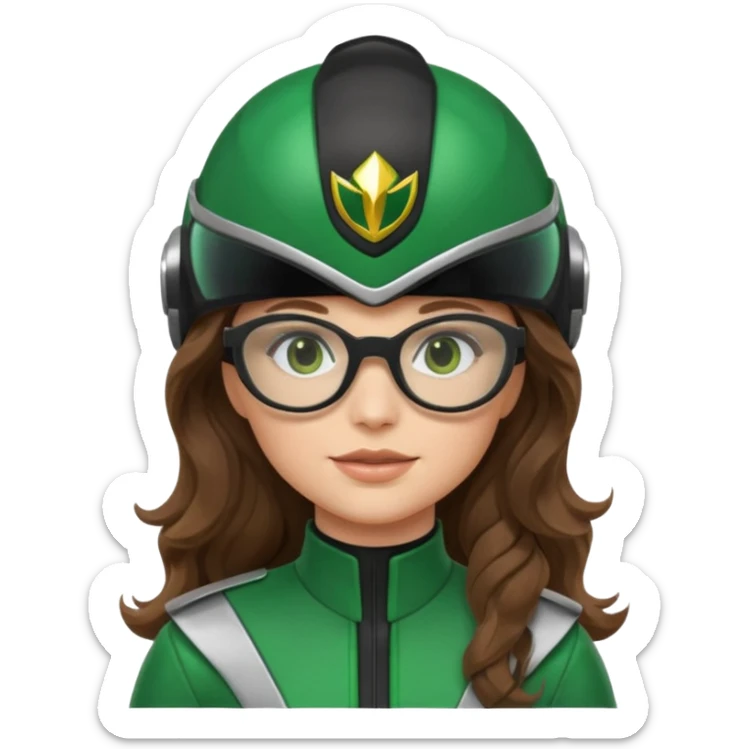 green power ranger, white girl with long brown wavy hair, thin black glasses, standing with helmet off, emoji style sticker