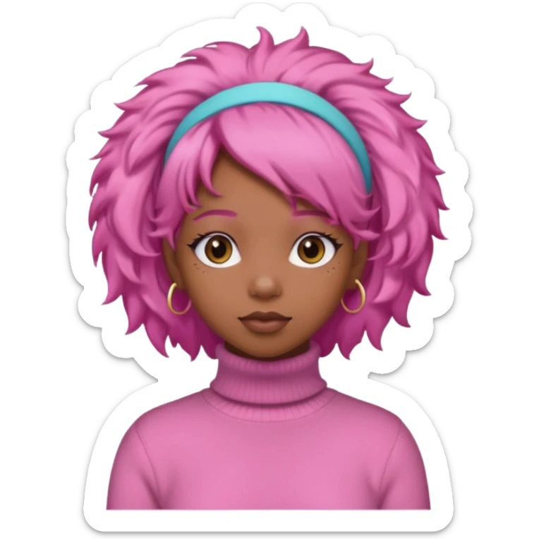black fluffy haired girl with pink turtleneck sweater and pink hair band sticker