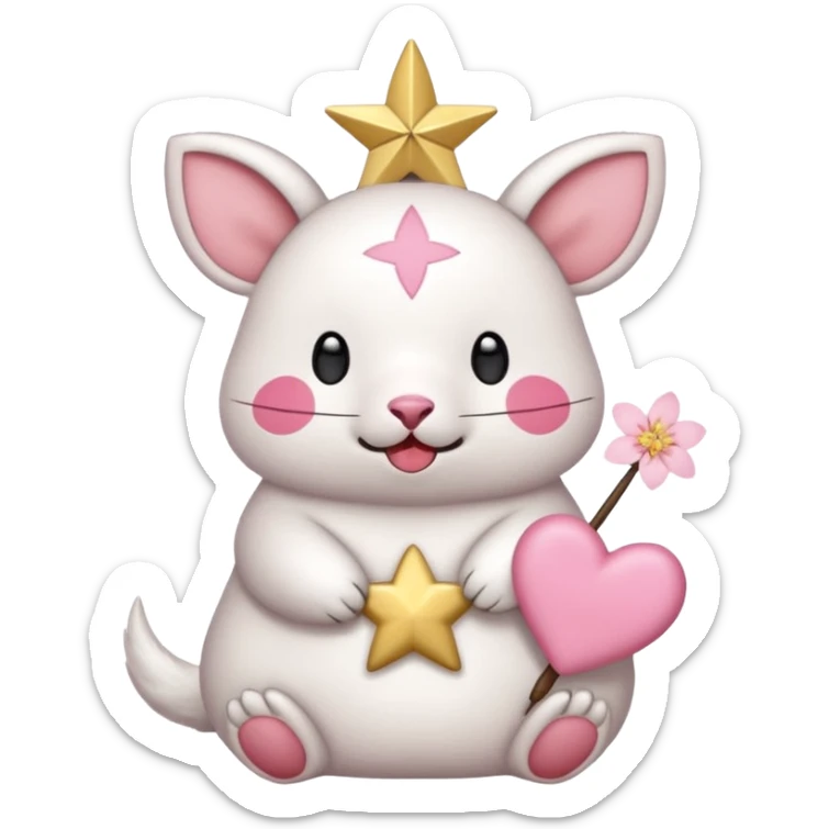 GENERATE ME A MOMONGA WHITE ANIMAL  FROM CHIIKAWA AND PUT A SAKURA FLOWER ON HIS HEAD AND A STAR PELT ON HIS BELLY AND A HEART PURSE ON HIS ARM WITH HIS FACE MAKE HIS TOUNGE STICK OUT WITH A LITTLEPINCH OFDROOL sticker