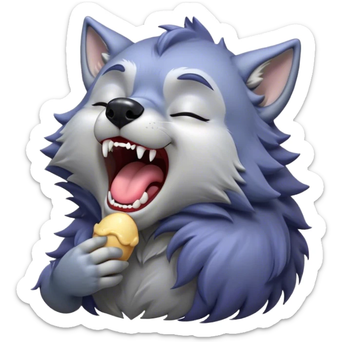 Cinematic Cute Yawning Werewolf Portrait Emoji, with a cuddly, miniature lupine form in soft moonlit grays and silvers, head leaning back in a big, adorable yawn that reveals a few fuzzy teeth, simplified yet irresistibly charming, highly detailed with a soft glowing outline that captures the drowsy, playful essence of a werewolf mid-nap! sticker