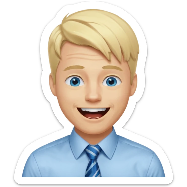 A 27 year old guy with blonde hair and blue eyes that looks masculine. make him wear a shirt with a tie. he is danish. He is laughing extremely hard. More extreme expression sticker