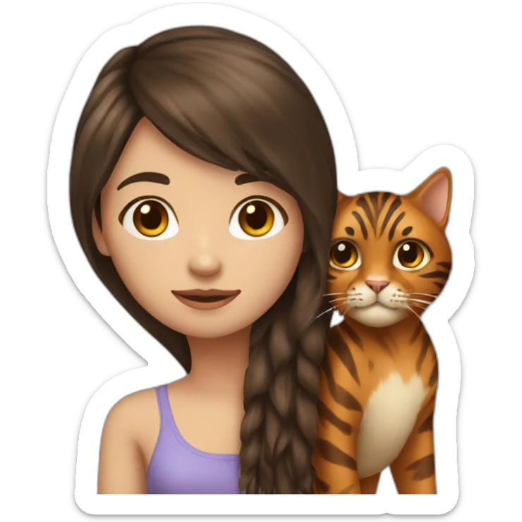 Brunette long hair and fringe girl with a brown tigger cat sticker