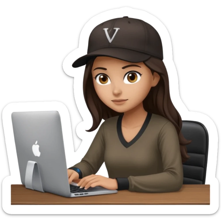 A professional 3D avatar of a young woman with olive skin and long, dark brown hair, wearing a dark, long-sleeved V-neck brown shirt and a black baseball cap. She's sitting at a sleek wooden desk, typing and looking at a silver MacBook.  sticker