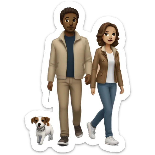 Couple with brown hair and beige jackets and brown pants outfit on a late night walk with a jack russell terrier sticker