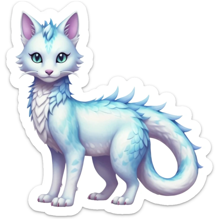 Kawaii white pastel iridescent beautiful pretty elegant divine edgy fantasy feline-vernid-sergal-fursona animal creature with a tufted tail full body with intricate markings  sticker
