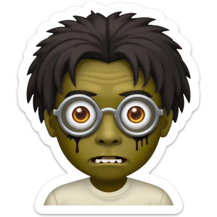 Um garoto zombie de cabelo castanho escuro, quase preto, com um cabelo médio, com olhos castanhos esverdeados, de camisa branca, com óculos redondo sticker