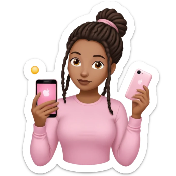 Dark brown woman with dreadlocks in bun Light pink shirt with a light pink phone in her hand sticker
