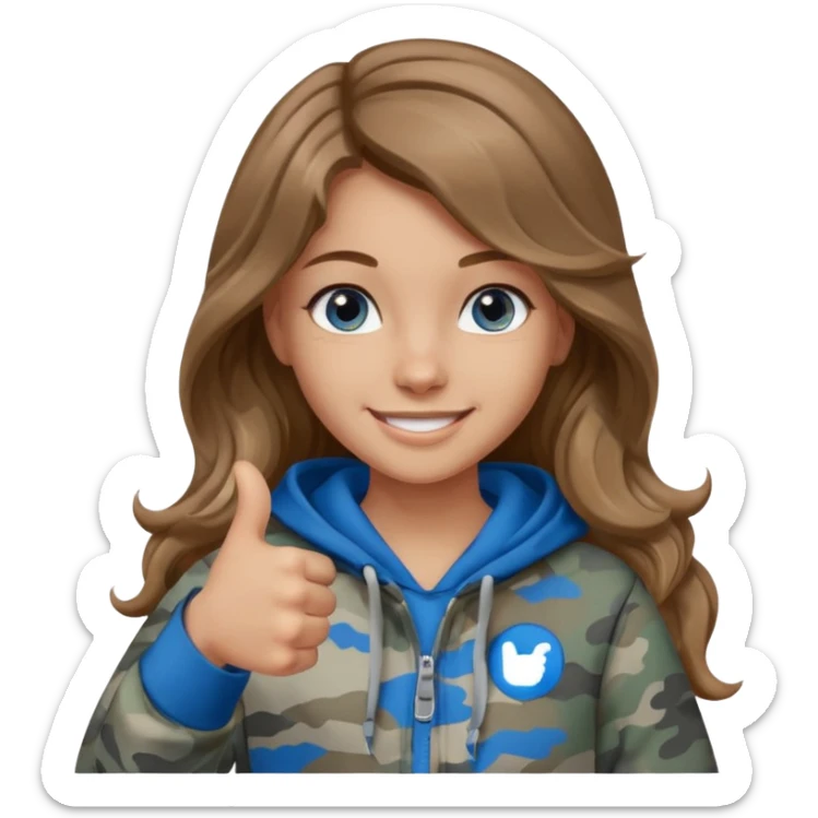 Girl with long wavy light brown hair, blue eyes , medium skin tone, wearing a gray camo hoodie  giving a thumbs up sticker