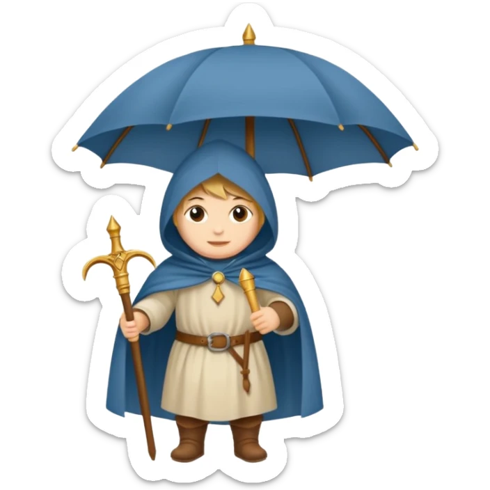 vorrei un piccolo pellegrino medievale in stile stickers sotto la pioggia con un grande ombrello sticker