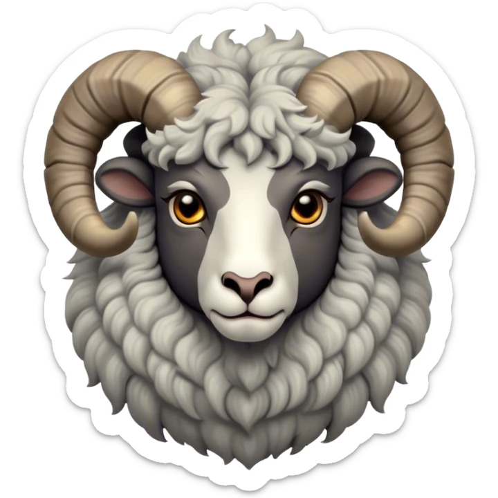 Cinematic Noble Ram Portrait Emoji, Poised and regal, with a sturdy, powerful build and a thick, woolly grey fur adorned with impressively curled horns, deep-set soulful dark eyes, Simplified yet sharp and sophisticated features, highly detailed, glowing with a soft, dignified glow, high shine, intelligent and commanding, stylized with an air of rugged majesty, focused and attentive, soft glowing outline, capturing the essence of a watchful and confident ram, so majestic it feels as though it could charge out of the screen with effortless authority! sticker